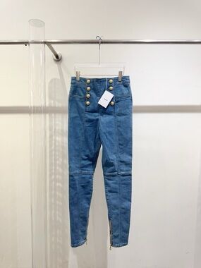 🚩steal Balmain Blue High-Waist Skinny Jeans with Gold Buttons